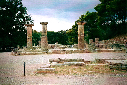 The temple of Hera. In the foreground is the Altar of Olympian Zeus, where the Olympic torch is lit.
