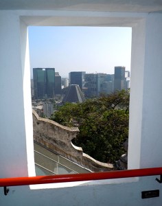 Centro district framed in a window of the Parque das Ruínas