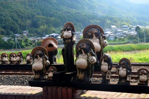 Tanuki Figures, Torokko Kameoka station - Japan
