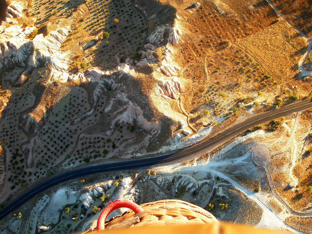 Looking down from our hot air balloon over Cappadocia, Turkey!