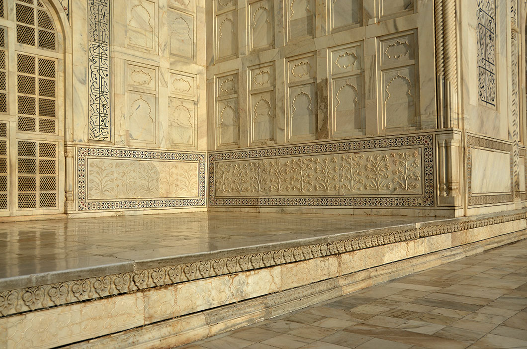 White marble Taj Mahal - White marble dado with bas relief.