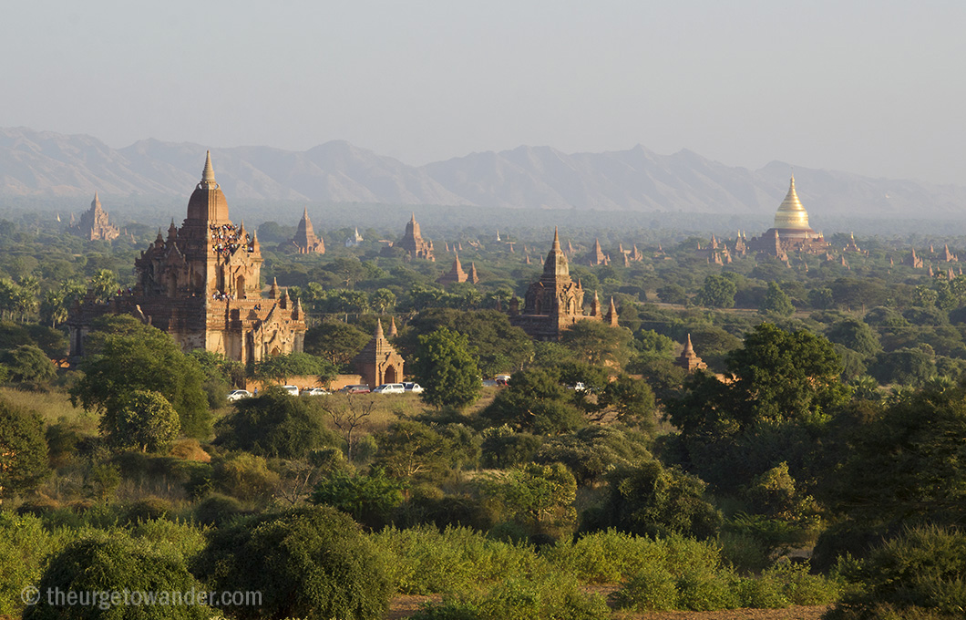 Golden hour over the Bagan temples and pagodas viewed from Shwesandaw Temple