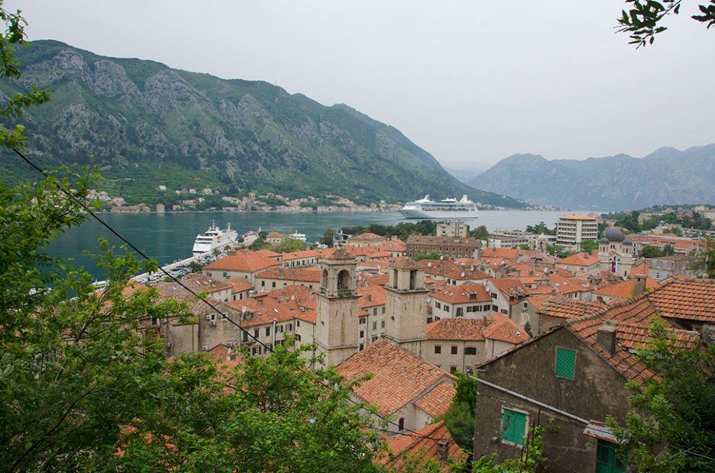 View of the bay over the rooftops of Kotor from halfway to St. John's fortress.