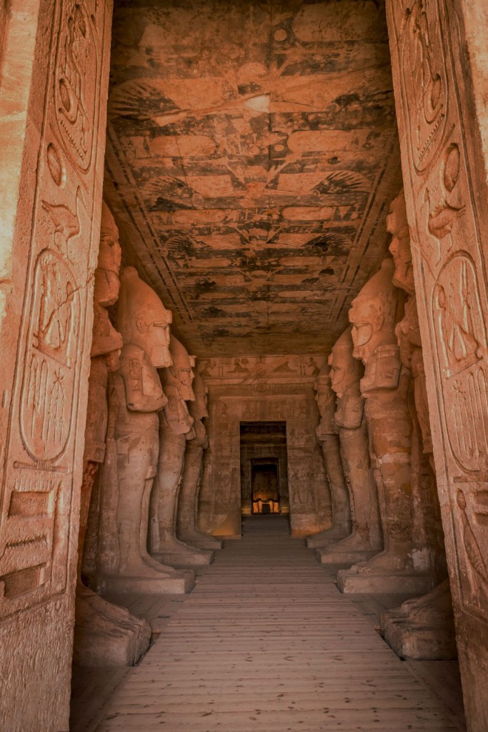 Abu Simbel Ramesses temple vestibule and view into sanctuary.