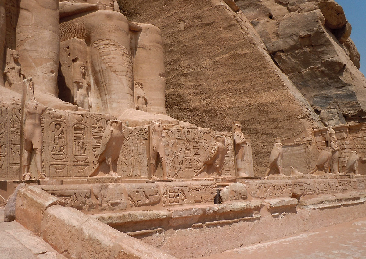 Row of Horus (eagle) sculptures at the bas of the gigantic Rameses statues in Abu Simbel.