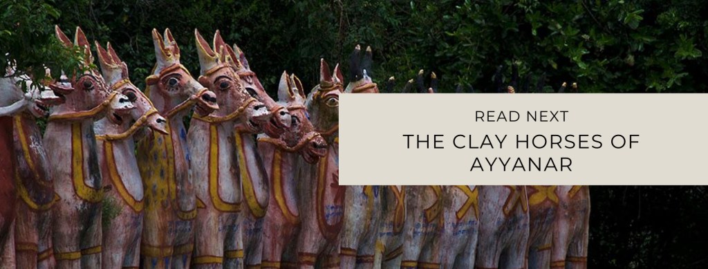 Row of clay horses in an Ayyanar Shrine. Image link to Horses Post.