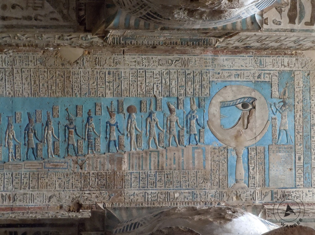 Part of the vivid turquoise ceiling panel illustrating a procession of deities adoring the 'Eye of Horus'! 