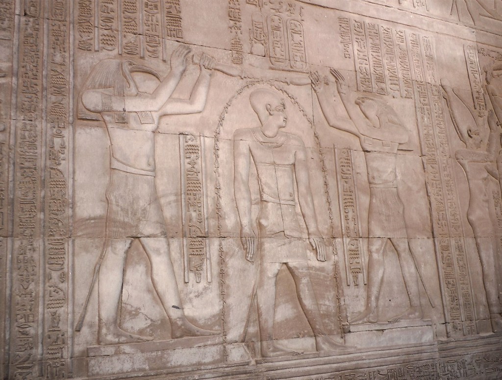 Kom Ombo wall relief of the gods Thoth and Horus blessing the Pharaoh