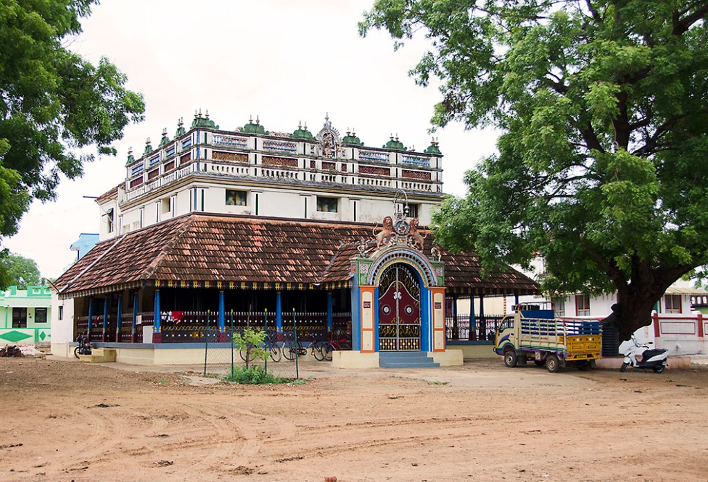 The ornate facade of a traditional Chettiar House in Karaikudi, Chettinad.