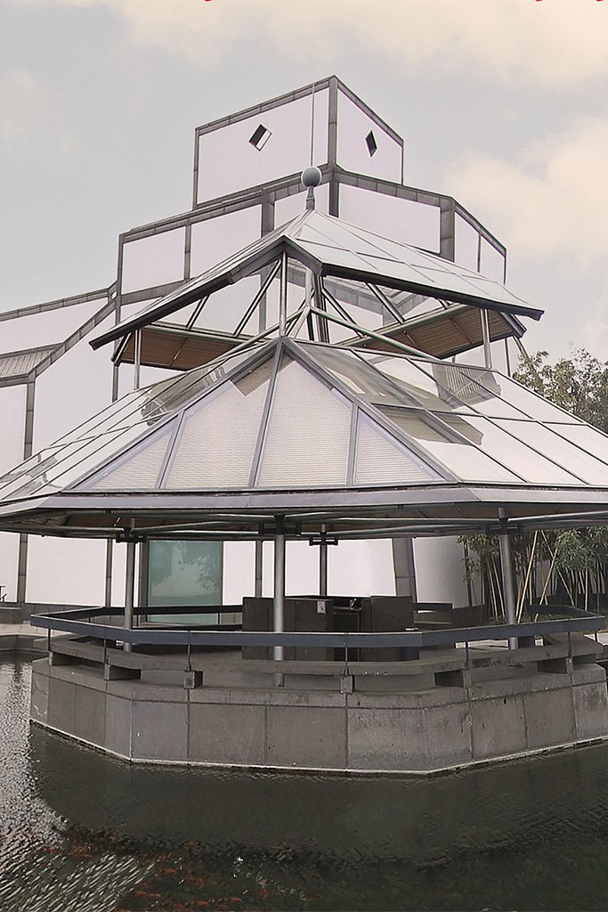 Pavilion mimicking a traditional viewing pavilion in the adjacent gardens.
