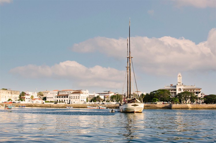 Zamzibar - View of waterfront landmarks from a boat.