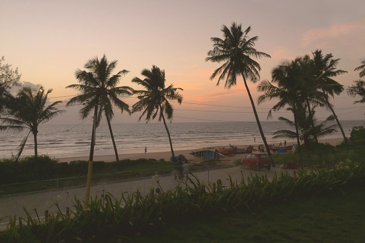 Palm trees line a beach with fishing boats upturned. In the foreground is the garden of a beachfront villa.